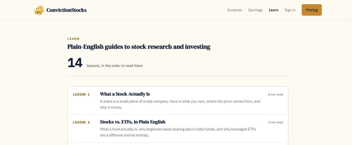 ConvictionStocks learning page presenting an ordered list of investing lessons with titles, summaries, and reading times.
